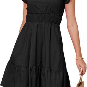 Women's Ruffle Sleeve Layered Dress Pockets Elastic Waist 2025 V Neck Above Knee